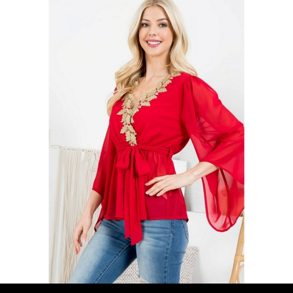 Chiffon-Like Red Top with Bell Sleeves and Gold Details around Neckline - Picture 7 of 11